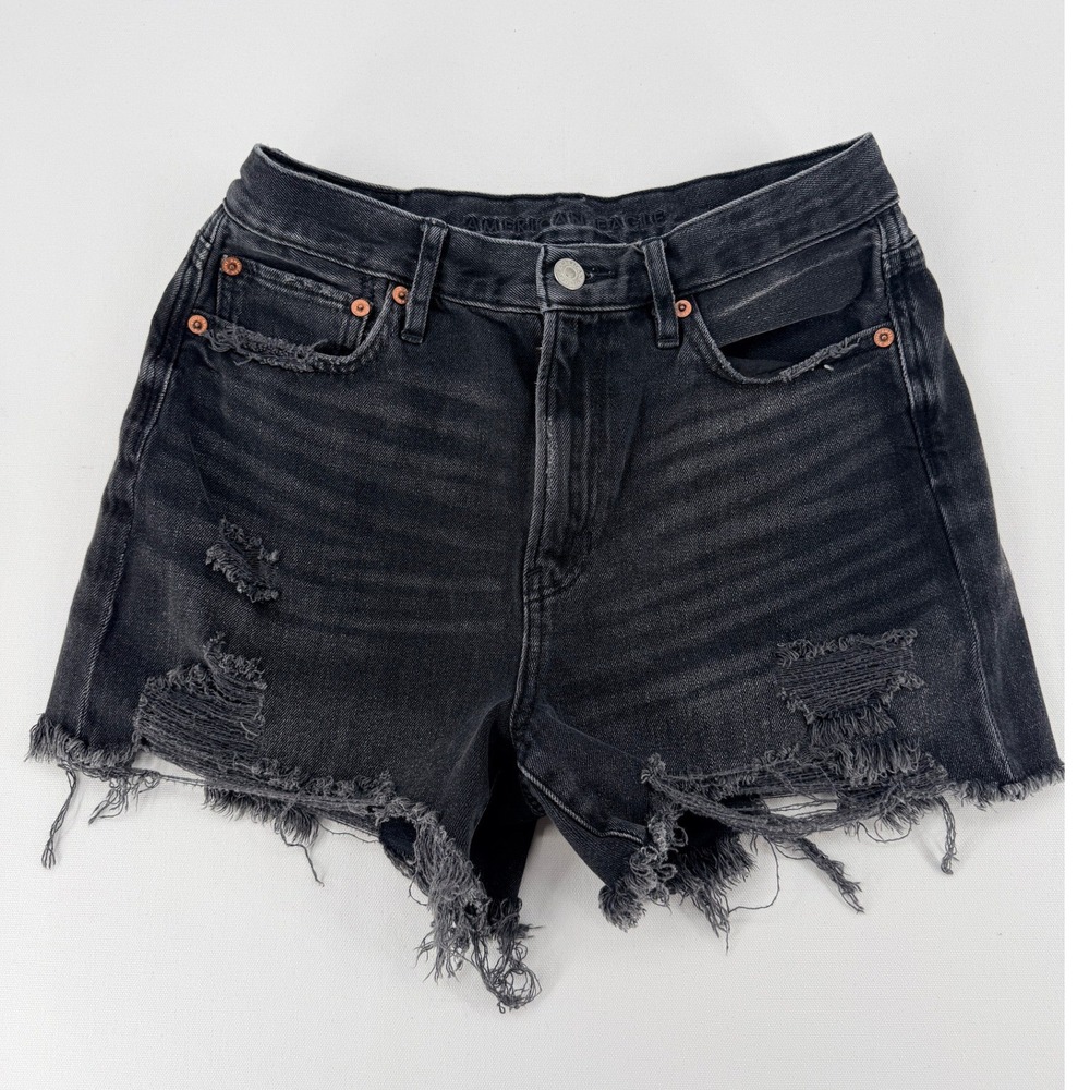 American‎ Eagle Black Distressed Denim Shorts Frayed Raw Hem Size 4